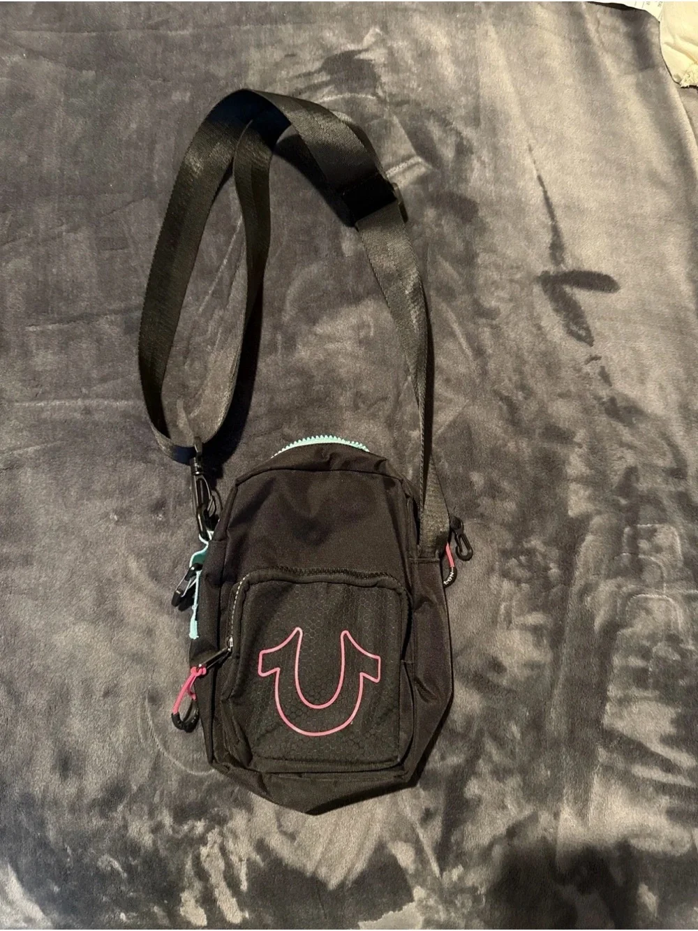 True Religion Black Crossbody Bag with Pink Logo and Teal Accents